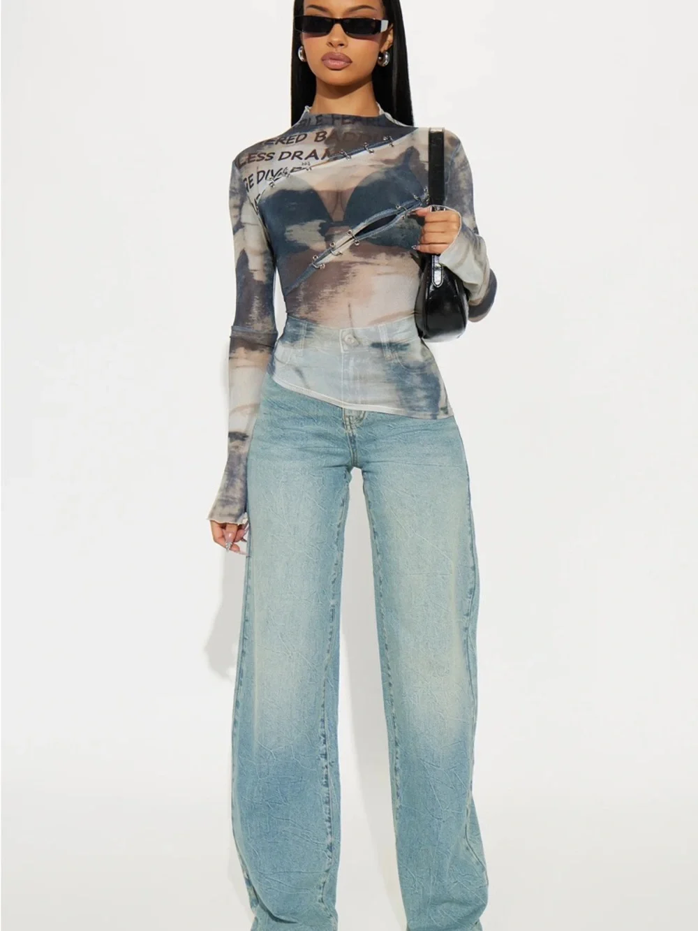 Long Sleeve Sheer Abstract Print Top in Blue-Grey - Picture 3 of 3